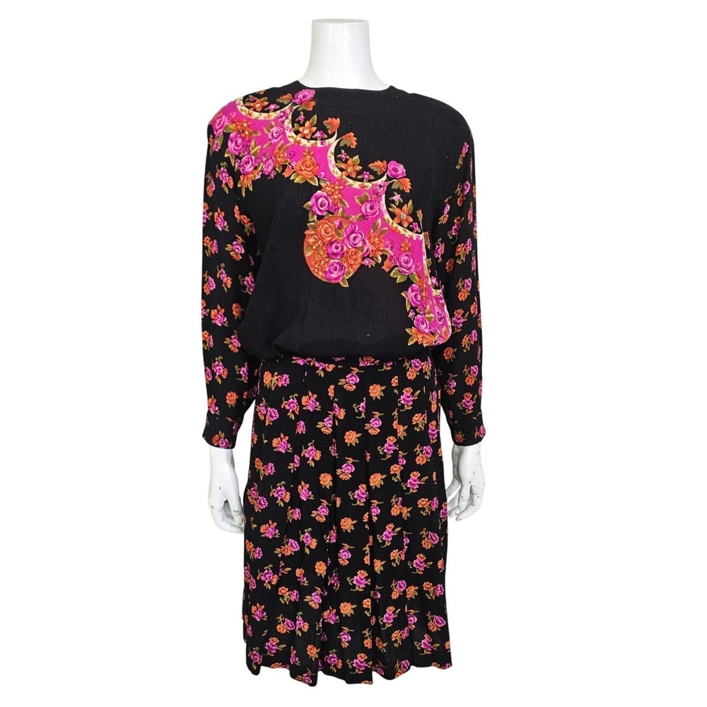 Vintage 80s SK & Co Floral Rayon Skirt Set Pink Rose Black Hong Kong 2pc Size S